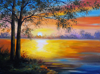 oil painting landscape - tree near the lake