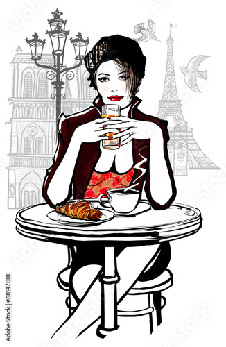 Naklejka na drzwi Paris - woman on holiday having breakfast