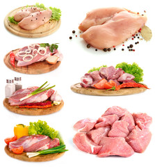 Collage of raw meat isolated on white