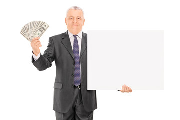 Sticker - Mature businessman holding money and blank banner