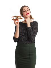 Wall Mural - Young woman with a wood plane