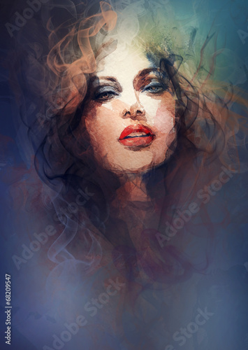 Plakat na papierze fotorealistycznym Kobieta portret.abstract akwarela.fashion tło