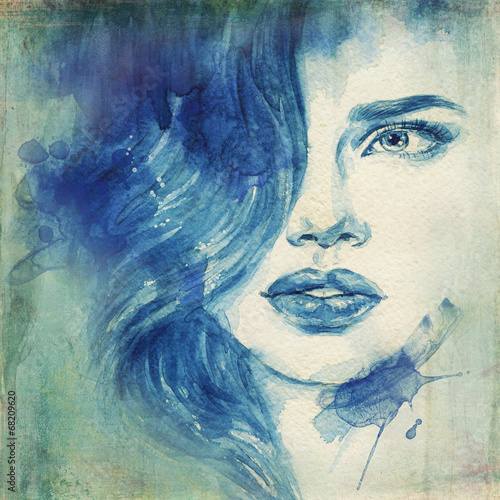 Plakat na papierze fotorealistycznym Kobieta portret.abstract akwarela.fashion tło