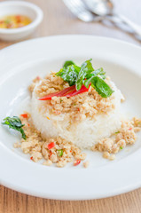 Canvas Print - Spicy fried chicken with basil and rice