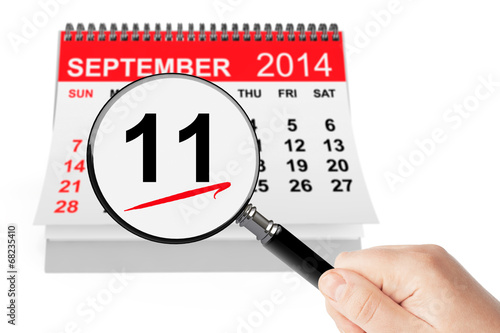 Poster 911 Never Forget Concept. 11 september 2014 calendar with magnif