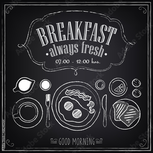 Photo Vintage Poster. Breakfast. Fried eggs, coffee. Set of sketches