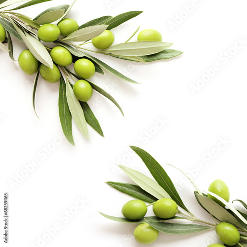 Fototapeta na wymiar green olives on white background. copy space