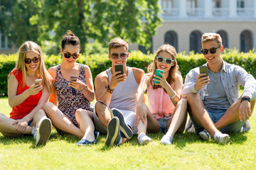 Wall Mural - smiling friends with smartphones sitting on grass