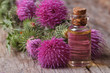 Oil of burdock close-up on a table