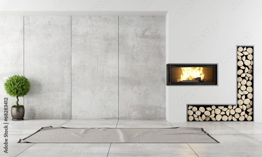 Modern interior with fireplace - obrazy, fototapety, plakaty 