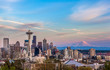 Seattle downtown skyline and Mt. Rainier at sunset. WA