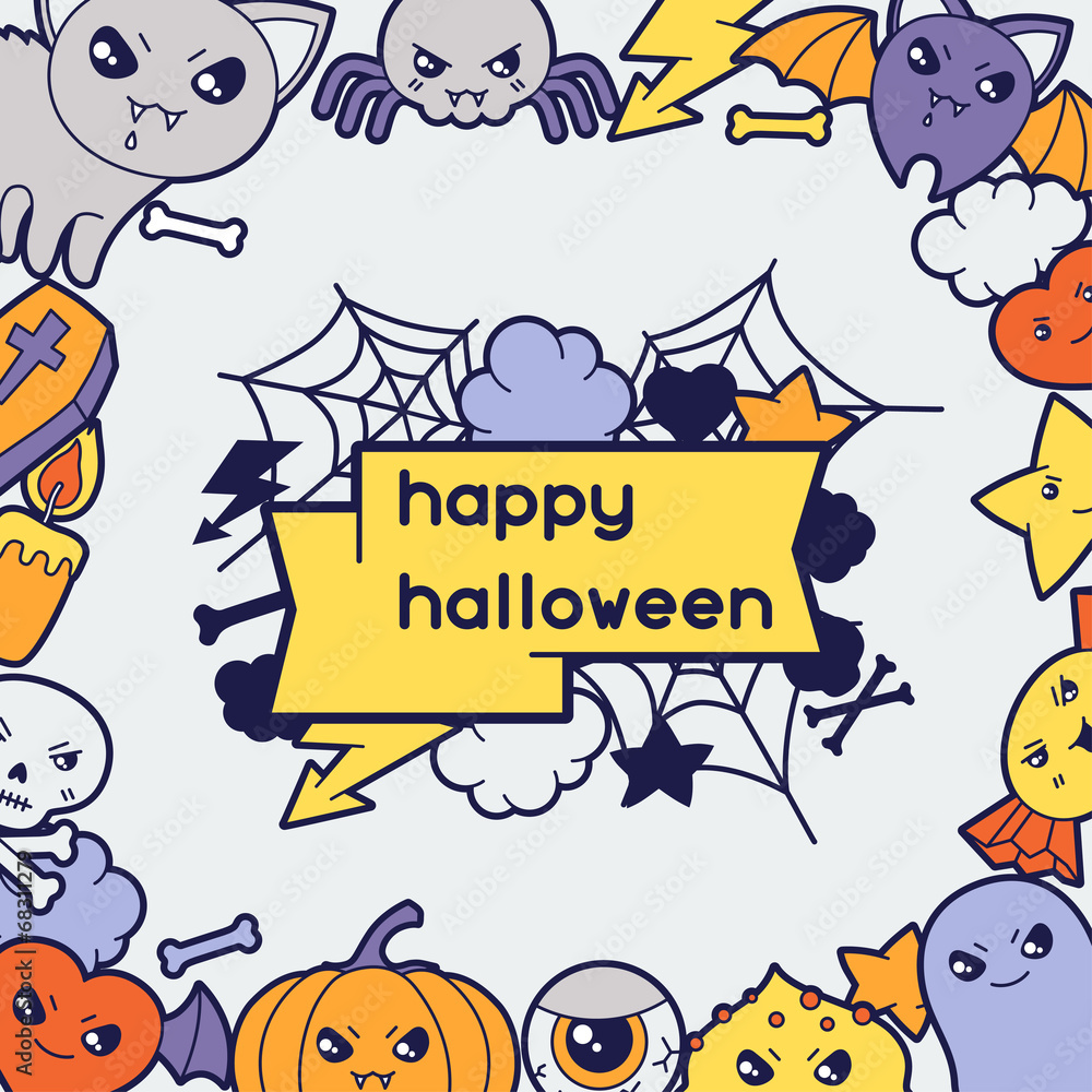 Klistermärke Halloween Kawaii Greeting Card With Cute Doodles ...