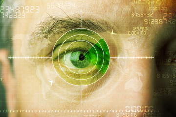 Modern man with cyber technology target military eye