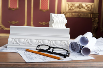 Portrait of spectacles, yellow pencil, design drawing and white