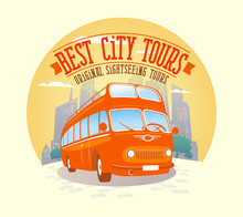 Best City Tours Design With Double-decker Bus Against City Backg