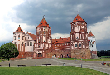 mir castle on the background of a stormy sky