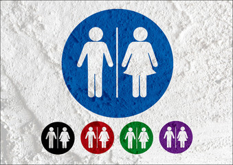 Restroom icon and Pictogram Man Woman Sign on Cement wall textur