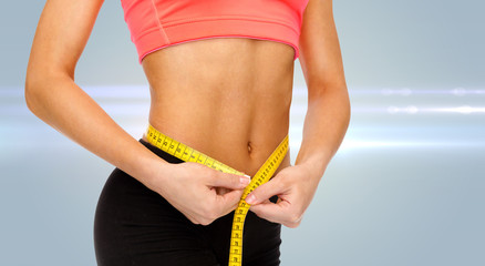 Poster - close up of female hands measuring waist