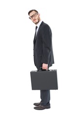 Poster - Geeky businessman holding his briefcase