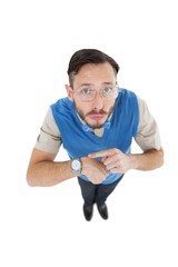 Poster - Geeky hipster looking at camera pointing at watch