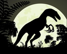 Silhouette Dinosaur On Background Of The Moon.