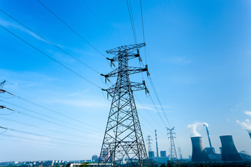 high voltage post.High-voltage tower sky background.