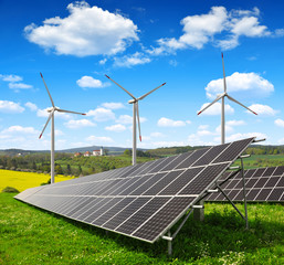Wall Mural - solar energy panels with wind turbines