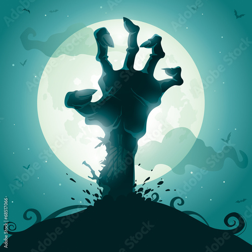 Plakat na papierze fotorealistycznym Tło halloween z ręką zombie na pełni księżyca