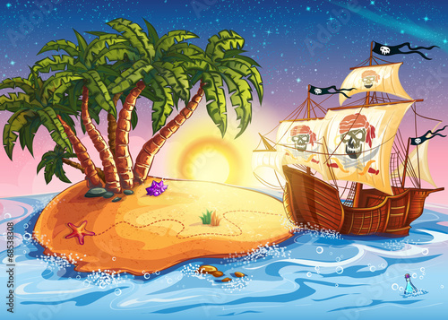 Board z aluminiowym obramowaniem Ilustracja wyspy ze statkiem pirackim