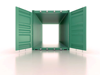 Bright green open empty metal shipping container on white