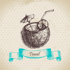 Vintage background with tropic coconut cocktail. Hand drawn illu