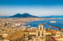 Aerial View Of Naples (Napoli) With Mt Vesuvius At Sunset, Italy