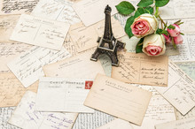 Roses, Antique French Postcards And Eiffel Tower Paris