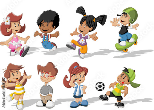 Group of happy cartoon children playing