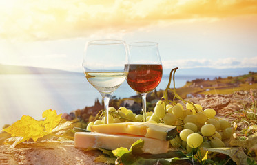 Wall Mural - Wine, cheese and grapes on the terrace of vineyard in Lavaux reg