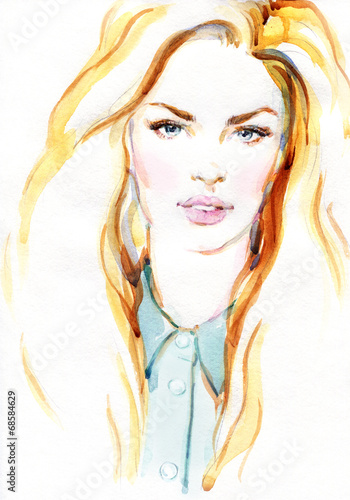 Plakat na papierze fotorealistycznym Kobieta portret.abstract akwarela.fashion tło