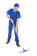 Wall Mural - Male Servant Mopping Floor Over White Background