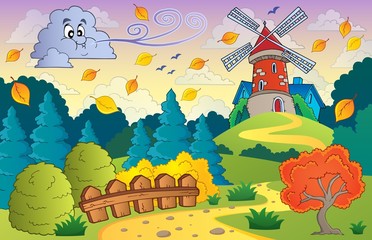 Sticker - Autumn landscape windmill and cloud