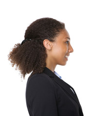 Side view portrait of a a young business woman smiling