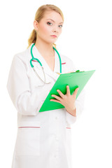 Wall Mural - Woman doctor in lab coat with stethoscope. Medical