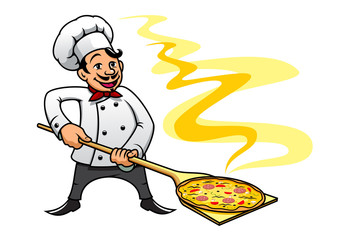 Cartoon baker chef cooking pizza