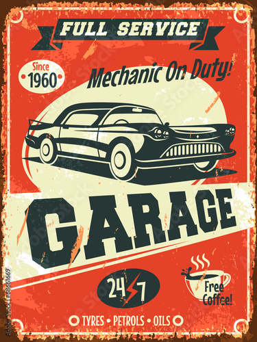 Naklejka - mata magnetyczna na lodówkę Retro car service sign. Vector illustration.