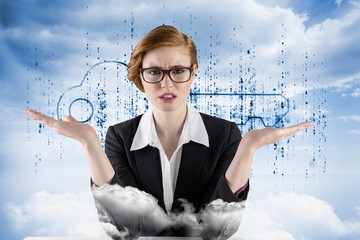 Poster - Composite image of businesswoman holding hand out in presentatio