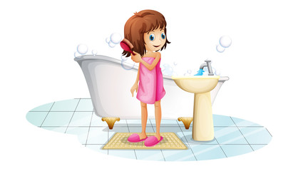 Sticker - A young girl combing her hair after taking a bath