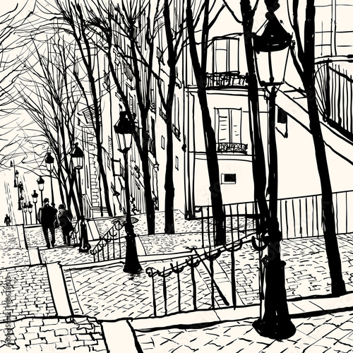 dzielnica-montmartre-w-paryzu-ilustracja-czarno-biala