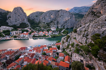 Fototapete - Aerial View on Omis Old Town and Cetina River Gorge, Dalmatia, C