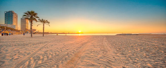 Wall Mural - barceloneta beach in barcelona at sunrise