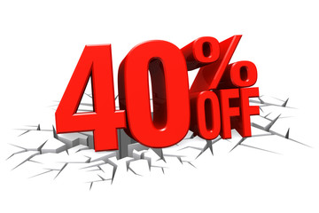 Wall Mural - 3D render red text 40 percent off on white crack hole floor.