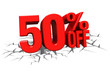 3D render red text 50 percent off on white crack hole floor.