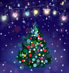 Wall Mural - vector christmas tree and lights decorations on snowfall backgro